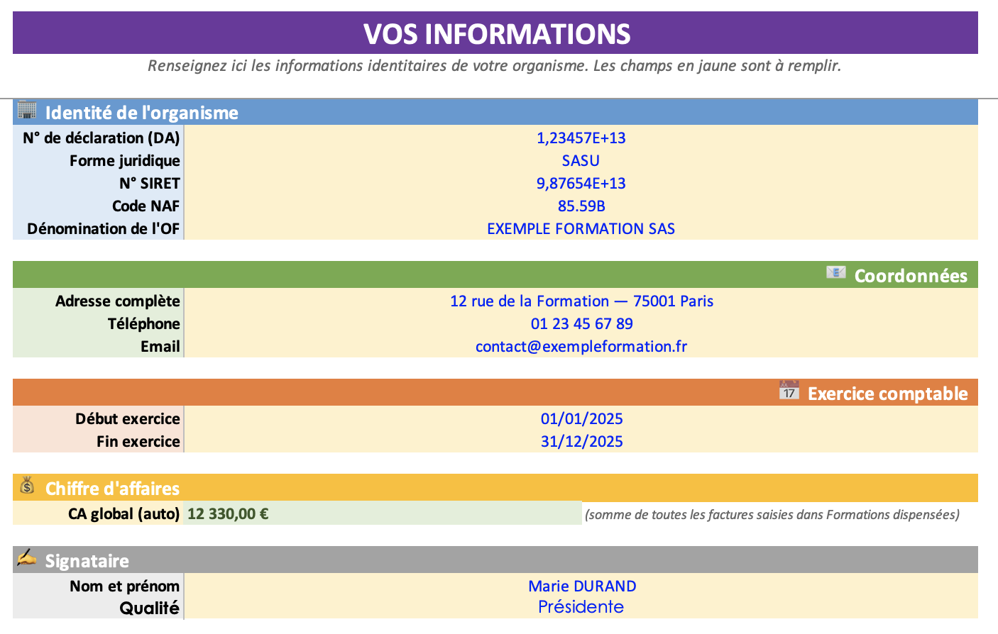 Onglet Vos Informations — identité de l'organisme, coordonnées, exercice comptable